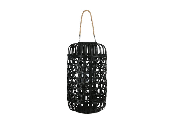 Wood Round Lantern With Removable Top Rope Hanger, Octagon Weave Design Body And Candle Glass Holder Xl Painted Finish Black (Pack Of 2) 16329 By Urban Trends