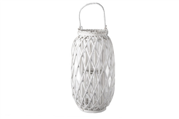 Bamboo Round Lantern With Braided Rope Lip And Handle, Lattice Design Body And Hurricane Candle Holder Lg Matte Finish White (Pack Of 4) 16595 By Urban Trends