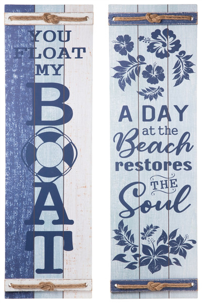 Wood Rectangle Wall Decor With "Beach Theme Saying" And Knotted Rope Banded Design Assortment Of Two Painted Finish Blue (Pack Of 4) 16916-AST By Urban Trends