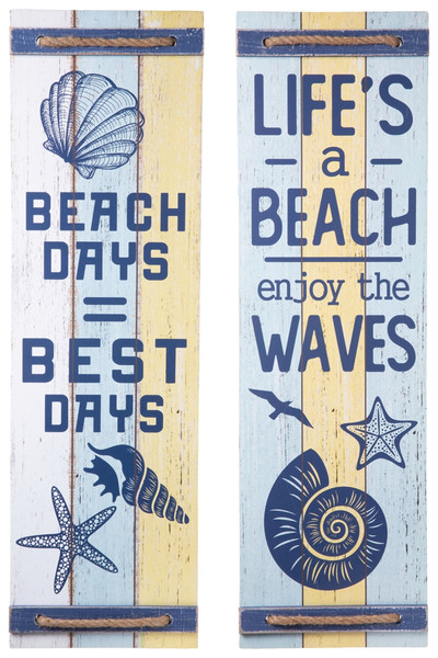 Wood Rectangle Wall Decor With "Beach Days, Best Days" And Rope Banded Design Assortment Of Two Painted Finish Polychromatic (Pack Of 4) 16918-AST By Urban Trends