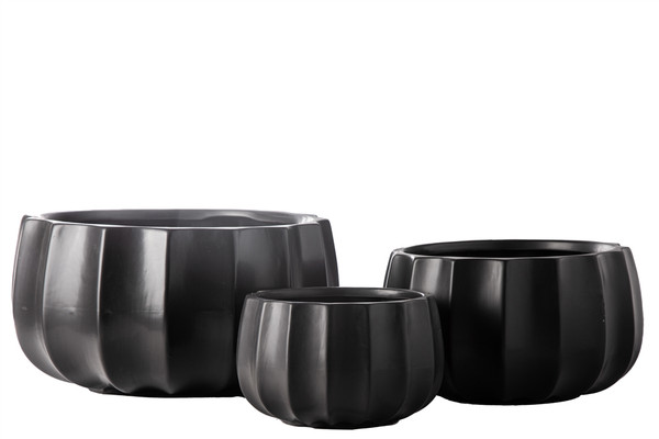 Ceramic Round Bowl With Pressed Column Design Body Set Of Three Matte Finish Black 18506 By Urban Trends