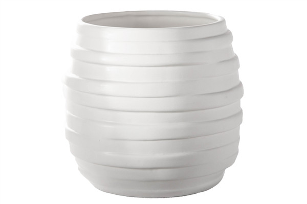 Ceramic Round Pot With Embossed Layered Banded Pattern Design Body Matte Finish White (Pack Of 4) 18817 By Urban Trends