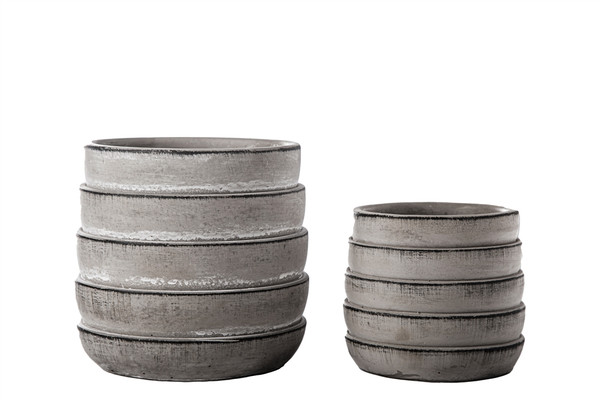 Cement Round Pot With Layered Pattern And Dark Edges Design Body Set Of Two Concrete Finish Gray 19307 By Urban Trends