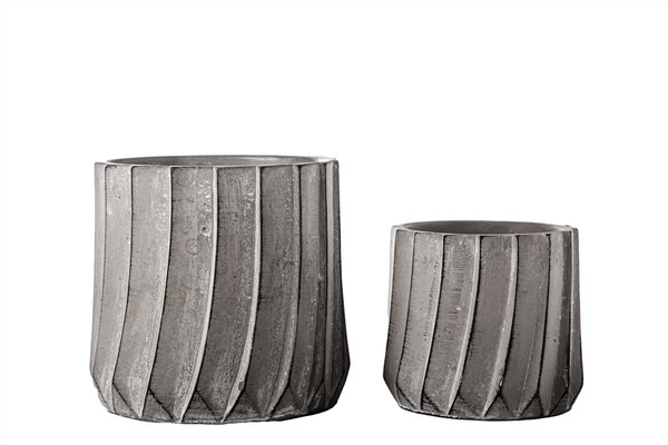 Cement Round Pot With Layered Column Pattern And Dark Edges Design Body Set Of Two Concrete Finish Gray 19309 By Urban Trends