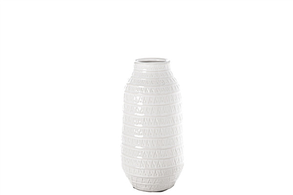 Ceramic Round Vase With Layered Tribal Pattern Design Body Md Gloss Finish White (Pack Of 4) 20620 By Urban Trends