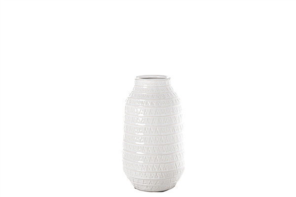 Ceramic Round Vase With Layered Tribal Pattern Design Body Sm Gloss Finish White (Pack Of 4) 20622 By Urban Trends