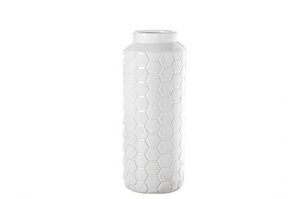 Ceramic Round Vase With Seamleass Octagon Pattern Design Body Lg Gloss Finish White (Pack Of 6) 20624 By Urban Trends
