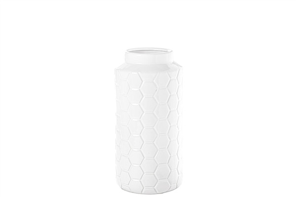 Ceramic Round Vase With Seamleass Octagon Pattern Design Body Sm Gloss Finish White (Pack Of 6) 20626 By Urban Trends