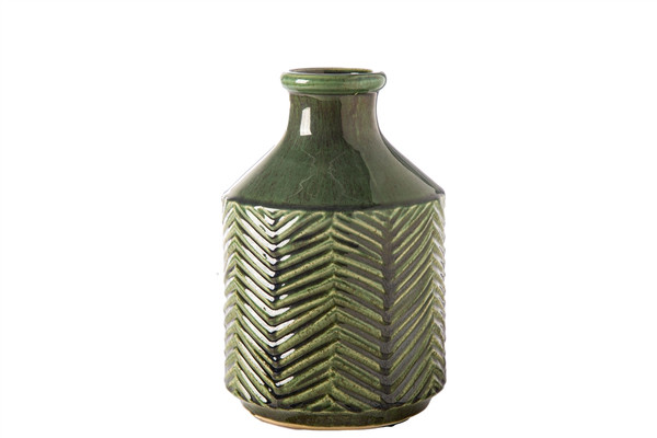 Ceramic Round Vase With Bottle Ring Mouth, Short Neck And Chevron Pattern Design Body Lg Gloss Finish Green (Pack Of 6) 20631 By Urban Trends