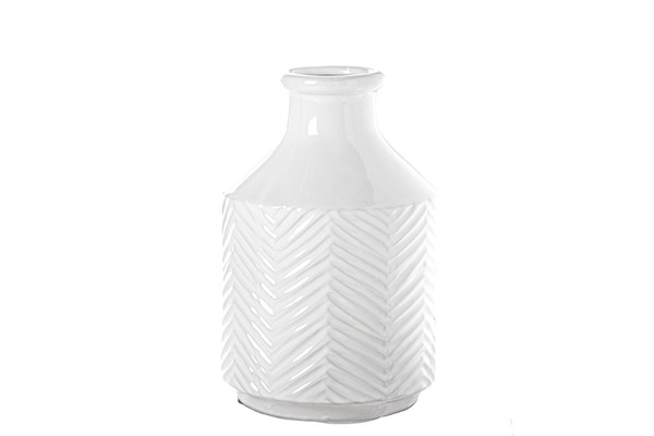 Ceramic Round Vase With Bottle Ring Mouth, Short Neck And Chevron Pattern Design Body Lg Gloss Finish White (Pack Of 6) 20632 By Urban Trends