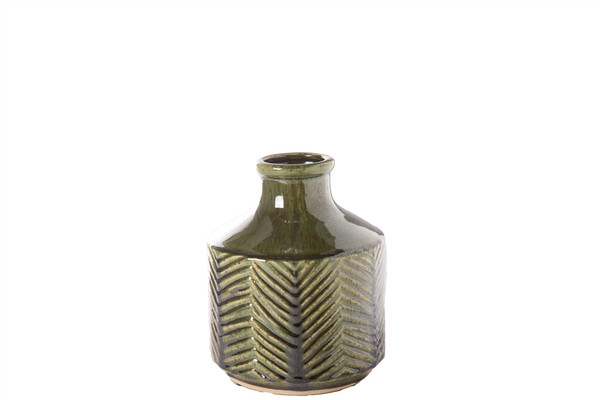Ceramic Round Vase With Bottle Ring Mouth, Short Neck And Chevron Pattern Design Body Sm Gloss Finish Green (Pack Of 6) 20633 By Urban Trends