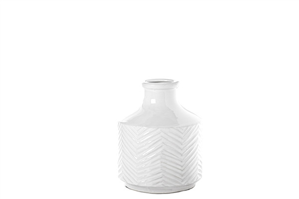 Ceramic Round Vase With Bottle Ring Mouth, Short Neck And Chevron Pattern Design Body Sm Gloss Finish White (Pack Of 6) 20634 By Urban Trends