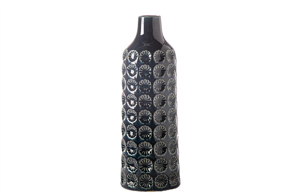Ceramic Round Bottle Vase With Narrow Mouth And Debossed Clover Pattern Design Body Lg Gloss Finish Dark Blue (Pack Of 6) 20636 By Urban Trends