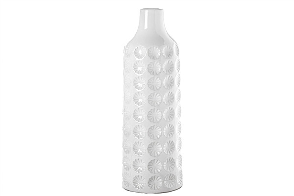 Ceramic Round Bottle Vase With Narrow Mouth And Debossed Clover Pattern Design Body Lg Gloss Finish White (Pack Of 6) 20637 By Urban Trends