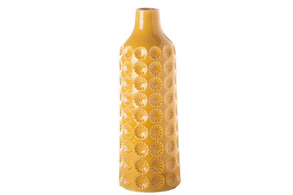 Ceramic Round Bottle Vase With Narrow Mouth And Debossed Clover Pattern Design Body Lg Gloss Finish Yellow (Pack Of 6) 20638 By Urban Trends