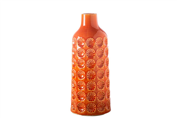 Ceramic Round Bottle Vase With Narrow Mouth And Debossed Clover Pattern Design Body Md Gloss Finish Orange (Pack Of 6) 20639 By Urban Trends