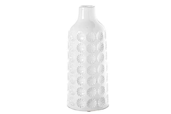 Ceramic Round Bottle Vase With Narrow Mouth And Debossed Clover Pattern Design Body Md Gloss Finish White (Pack Of 6) 20641 By Urban Trends