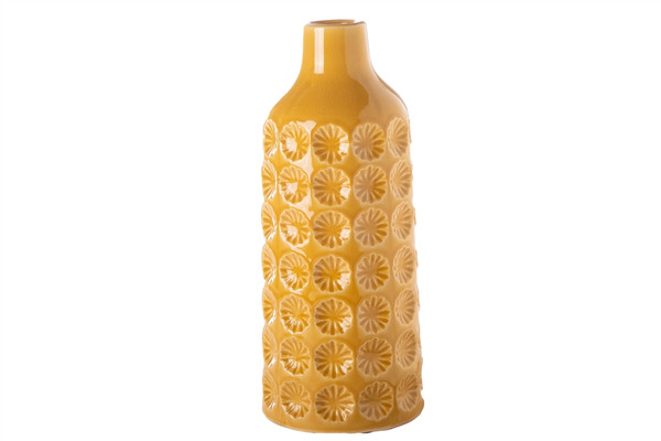 Ceramic Round Bottle Vase With Narrow Mouth And Debossed Clover Pattern Design Body Md Gloss Finish Yellow (Pack Of 6) 20642 By Urban Trends