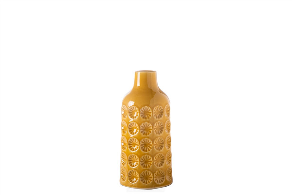 Ceramic Round Bottle Vase With Narrow Mouth And Debossed Clover Pattern Design Body Sm Gloss Finish Yellow (Pack Of 6) 20646 By Urban Trends