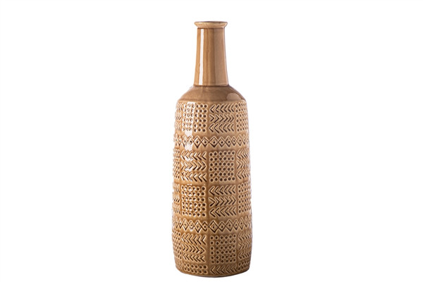 Ceramic Round Bottle Vase With Long Neck And Layered Tribal Pattern Design Body Lg Gloss Finish Brown (Pack Of 4) 20666 By Urban Trends