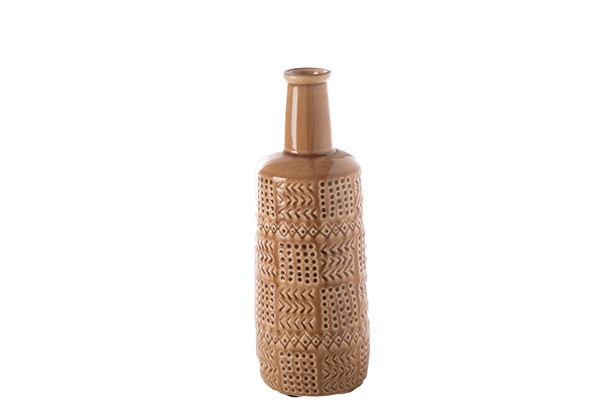 Ceramic Round Bottle Vase With Long Neck And Layered Tribal Pattern Design Body Md Gloss Finish Brown (Pack Of 6) 20669 By Urban Trends