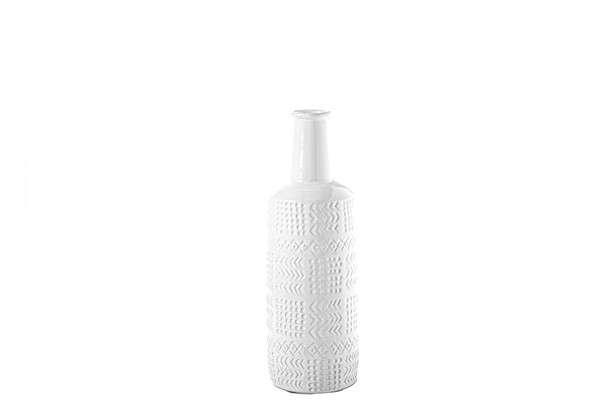 Ceramic Round Bottle Vase With Long Neck And Layered Tribal Pattern Design Body Sm Gloss Finish White (Pack Of 6) 20671 By Urban Trends