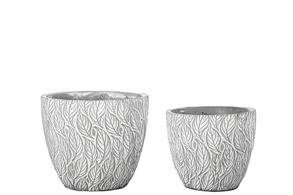 Cement Round Pot With Embossed Leaves Abstract Design Body Set Of Two Washed Concrete Finish Gray 24506 By Urban Trends