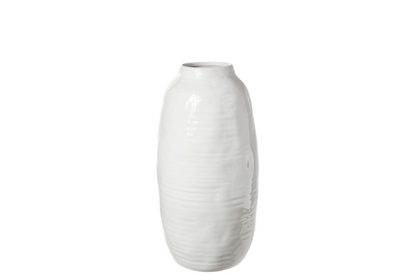 Ceramic Round Vase With Gray Rim Mouth And Ribbed Design Body Sm Gloss Finish White (Pack Of 2) 32860 By Urban Trends