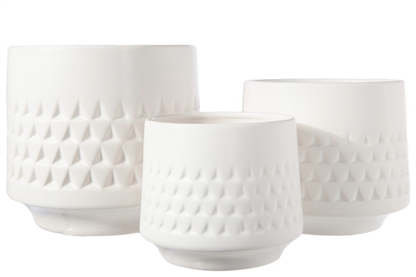 Ceramic Round Pot With Engraved Triangular Pattern Design Body And Tapered Bottom Set Of Three Matte Finish White 35810 By Urban Trends
