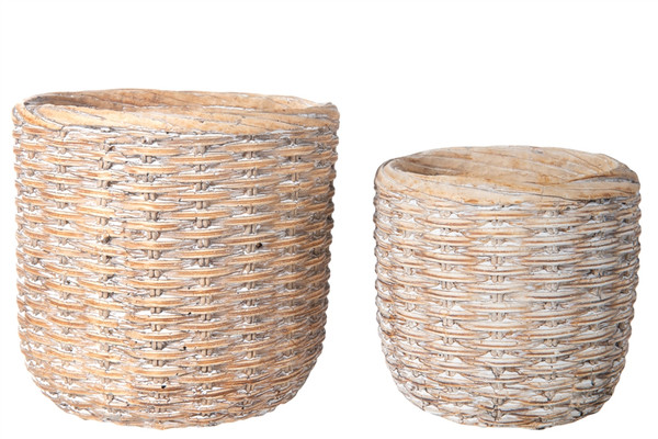 Terracotta Round Pot With Jute Rope Lip And Basket Weave Design Body Set Of Two Washed Finish Amber 39104 By Urban Trends