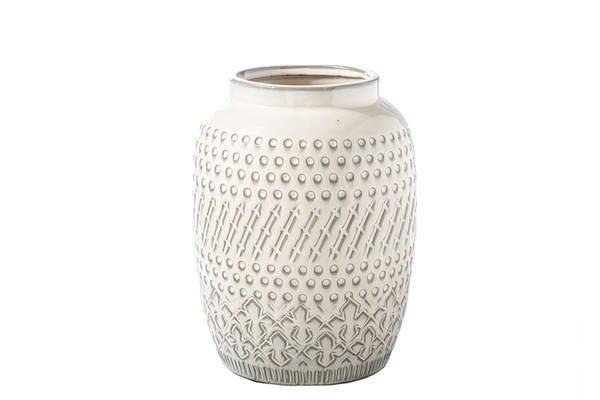 Ceramic Round Vase With Debossed Tribal Stipped Pattern Design Body Lg Gloss Finish White (Pack Of 4) 41532 By Urban Trends