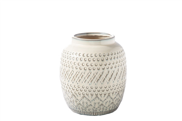 Ceramic Round Vase With Debossed Tribal Stipped Pattern Design Body Sm Gloss Finish White (Pack Of 4) 41533 By Urban Trends