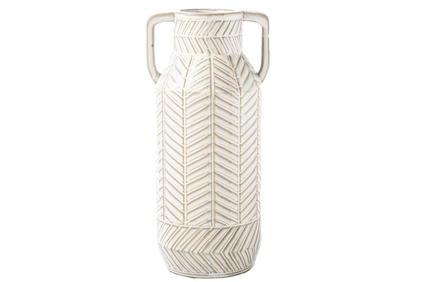 Ceramic Round Vase With Side Handles And Embossed Chevron Pattern Design Body Lg Gloss Finish White (Pack Of 4) 41534 By Urban Trends