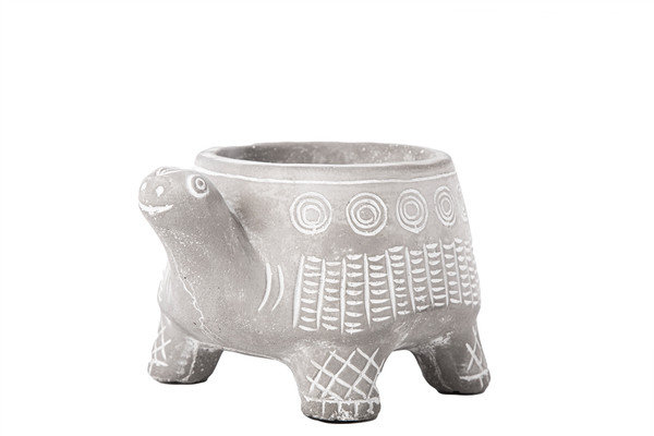 Terracotta Stand Turtle Pot With Engrave Tribal Pattern Design Body Sm Washed Concrete Finish Gray (Pack Of 8) 41551 By Urban Trends