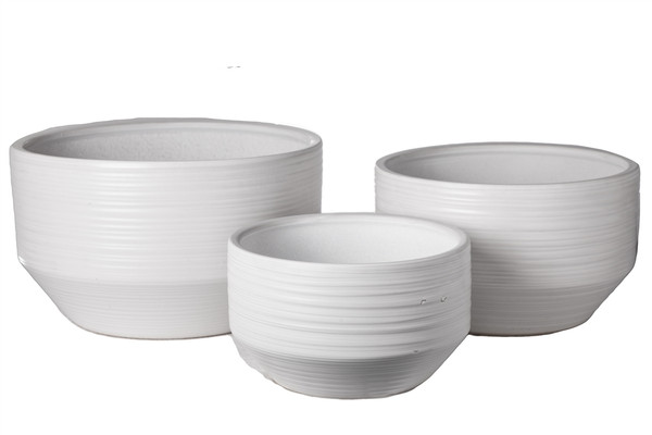 Ceramic Round Pot With Brushed Design Body And Tapered Bottom Set Of Three Matte Finish White 45734 By Urban Trends