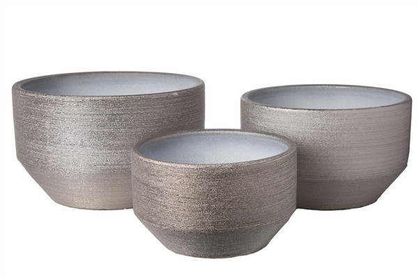 Ceramic Round Pot With Brushed Design Body And Tapered Bottom Set Of Three Gloss Finish Silver 45736 By Urban Trends