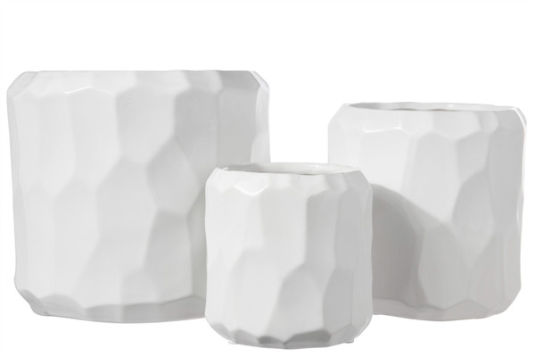 Ceramic Cylindrical Pot With Wide Mouth And Embossed Irregular Patterns Design Body Set Of Three Matte Finish White 45941 By Urban Trends