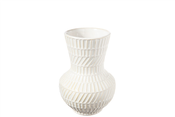 Ceramic Round Bellied Vase With Trumpet Mouth And Embossed Lattice Pattern Sm Gloss Finish White (Pack Of 4) 50082 By Urban Trends