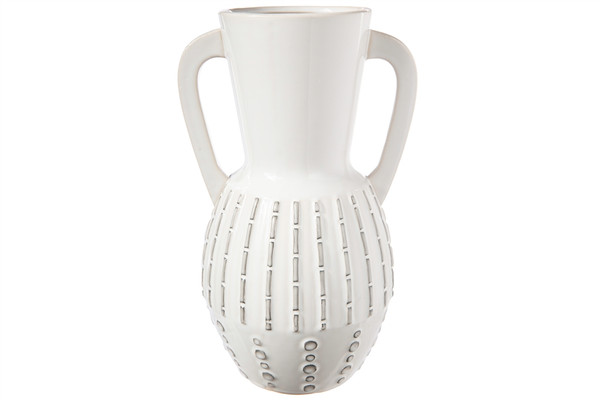 Ceramic Round Bellied Vase With Side Handles, Trumpet Mouth And Embossed Vertical Line Pattern Gloss Finish White (Pack Of 4) 50083 By Urban Trends