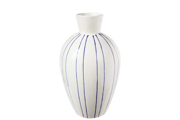 Ceramic Round Vase With Trumpet Mouth, Blue Vertical Line Pattern And Tapered Bottom Sm Gloss Finish White (Pack Of 4) 50085 By Urban Trends