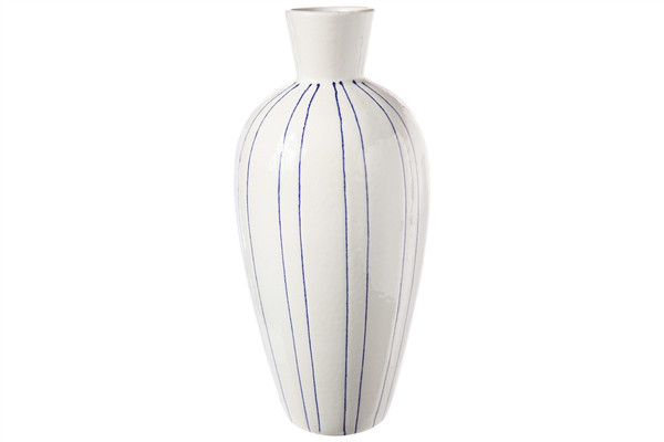 Ceramic Round Vase With Trumpet Mouth, Blue Vertical Line Pattern And Tapered Bottom Lg Gloss Finish White (Pack Of 4) 50086 By Urban Trends