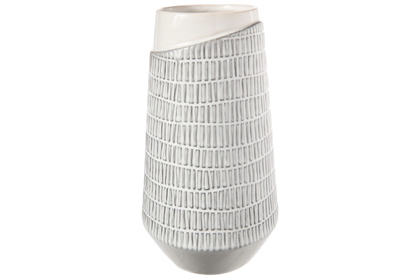 Ceramic Round Vase With Embossed Vertical Cut Off Line Pattern Design Body And Tapered Bottom Lg Gloss Finish White (Pack Of 4) 50087 By Urban Trends