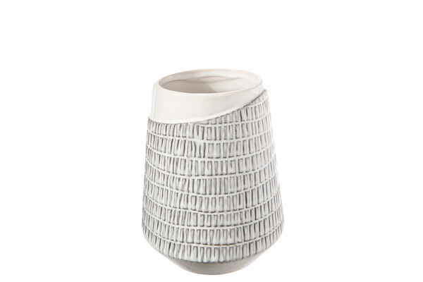 Ceramic Round Vase With Embossed Vertical Cut Off Line Pattern Design Body And Tapered Bottom Sm Gloss Finish White (Pack Of 4) 50088 By Urban Trends