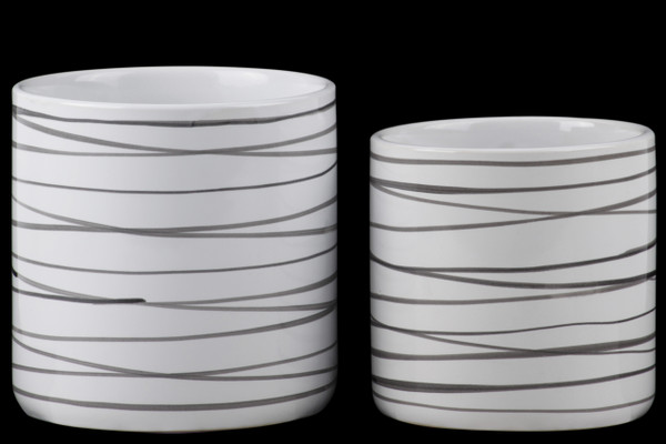 Ceramic Round Pot Planters With Horizontal Dark Gray Lines Design Set Of Two Gloss Finish White 50315 By Urban Trends