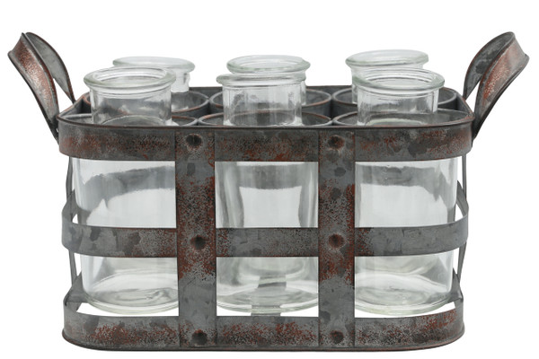 Metal Bud Vase Holder With Side Handles And 6 Clear Round Bottles Tarnished Finish Gray (Pack Of 4) 51312 By Urban Trends