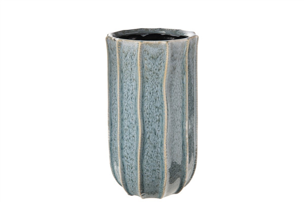 Ceramic Round Vase With Embossed Tan Edges Vertical Line And Asymetrical Pattern Design Body Sm Gloss Finish Steel Blue (Pack Of 4) 51407 By Urban Trends