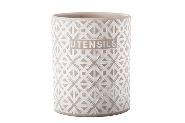 Ceramic Round Utensil Jar With Embossed Writing And Geometric Imperial Pattern Design Body Matte Finish Gray (Pack Of 4) 51939 By Urban Trends