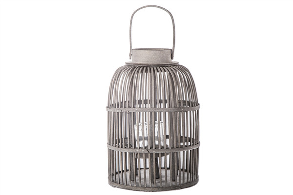 Bamboo Round Lantern With Top Handle, Vertical Lattice Design Body And Glass Candle Holder Lg Washed Finish Gray (Pack Of 4) 55089 By Urban Trends
