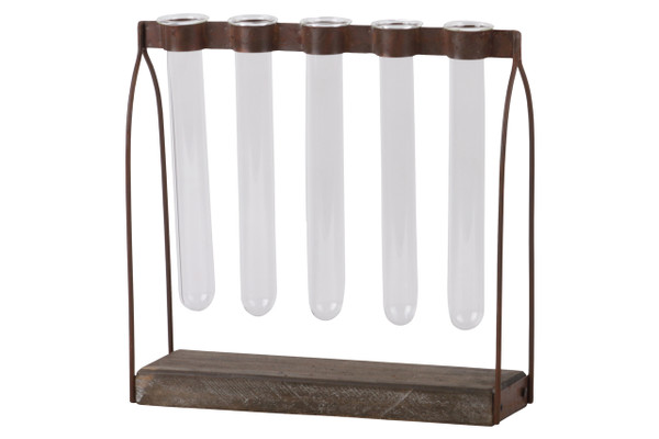 Metal Clustered Hanging Bud Vase Holder With 5 Glass Tube Vases On Rectangular Wood Base Finish Brown (Pack Of 6) 55108 By Urban Trends