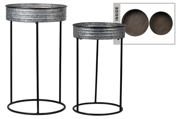 Metal Round Butler Tray Table With Painted Black Edges Set Of Two Galvanized Finish Gray 56426 By Urban Trends